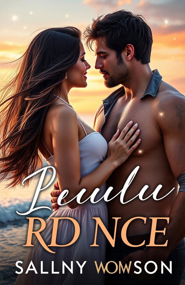 A captivating book cover for a contemporary romance novel featuring a passionate and intimate moment between a confident woman with long flowing brunette hair and a ruggedly handsome man with tousled dark hair, both lost in an intense gaze