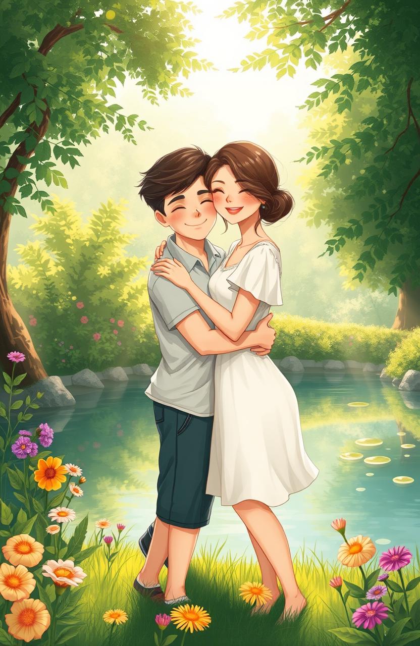 An artistic illustration depicting a young couple, symbolizing love and intimacy in an innocent and tasteful manner