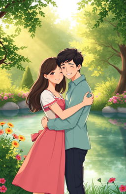 An artistic illustration depicting a young couple, symbolizing love and intimacy in an innocent and tasteful manner