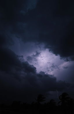 A dramatic sky filled with dark, swirling storm clouds, illuminated by occasional flashes of lightning