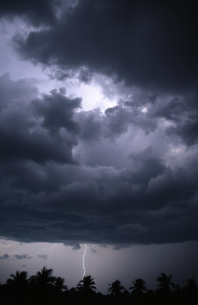 A dramatic sky filled with dark, swirling storm clouds, illuminated by occasional flashes of lightning