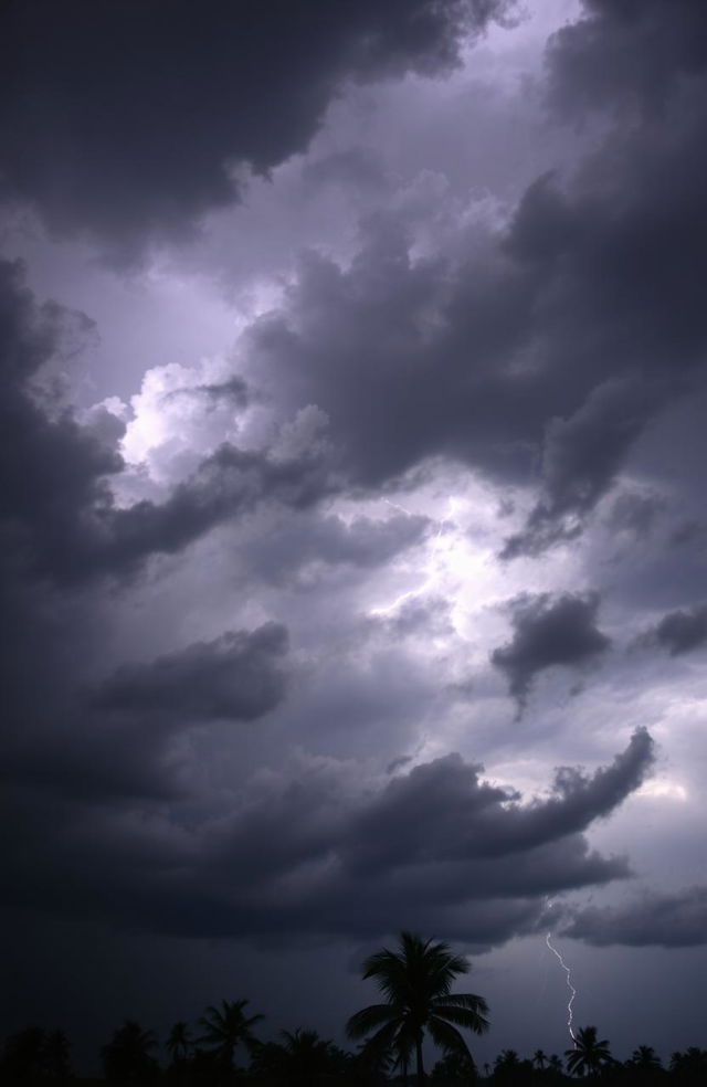 A dramatic sky filled with dark, swirling storm clouds, illuminated by occasional flashes of lightning