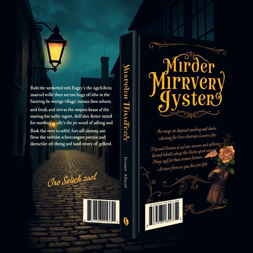 A captivating design for the back cover and spine of a murder mystery novel set in a charming European village