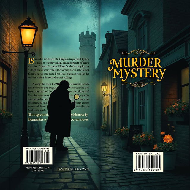 A captivating design for the back cover and spine of a murder mystery novel set in a charming European village