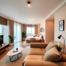 A cozy apartment interior featuring a private room