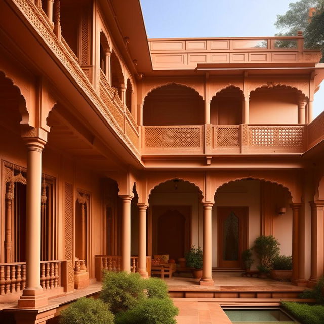 Generate an image of an Indian house design embodying traditional architectural elements such as courtyards, pillared balconies, and ornate latticework, fused with modern aesthetics for a refreshing look.