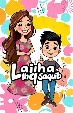 A personalized name cover featuring two engaging characters, Laikha and Saquib, artistically illustrated as playful cartoon avatars