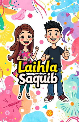 A personalized name cover featuring two engaging characters, Laikha and Saquib, artistically illustrated as playful cartoon avatars