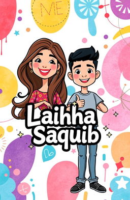 A personalized name cover featuring two engaging characters, Laikha and Saquib, artistically illustrated as playful cartoon avatars