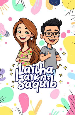 A personalized name cover featuring two engaging characters, Laikha and Saquib, artistically illustrated as playful cartoon avatars