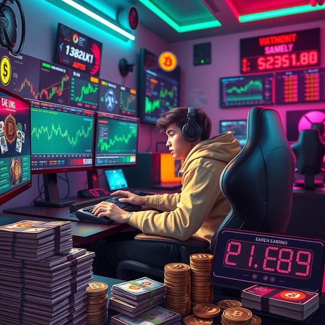 An engaging and visually appealing scene illustrating the concept of earning money through gaming