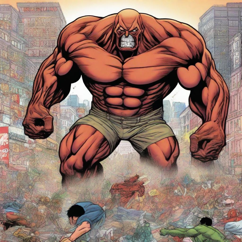 A giant Titan from Attack on Titan standing amidst a bustling Marvel comic book cityscape, with well-known Marvel characters reacting in surprise