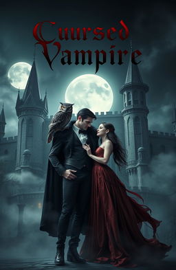 A cursed vampire standing in a romantic pose with his beloved, an enchanting female character, surrounded by a mystical atmosphere