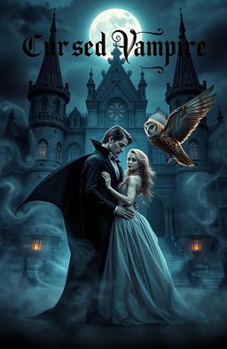 A cursed vampire standing in a romantic pose with his beloved, an enchanting female character, surrounded by a mystical atmosphere