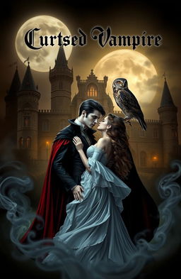 A cursed vampire standing in a romantic pose with his beloved, an enchanting female character, surrounded by a mystical atmosphere