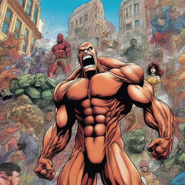 A giant Titan from Attack on Titan standing amidst a bustling Marvel comic book cityscape, with well-known Marvel characters reacting in surprise