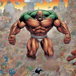 A giant Titan from Attack on Titan standing amidst a bustling Marvel comic book cityscape, with well-known Marvel characters reacting in surprise