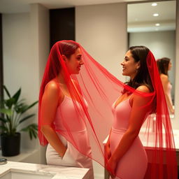 Two women in a stylish bathroom, one wearing a striking red veil that drapes elegantly over her shoulders
