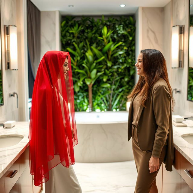 Two women in a stylish bathroom, one wearing a striking red veil that drapes elegantly over her shoulders