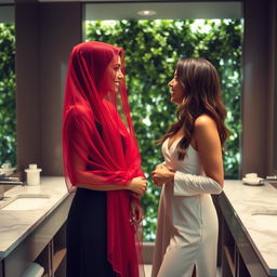 Two women in a stylish bathroom, one wearing a striking red veil that drapes elegantly over her shoulders