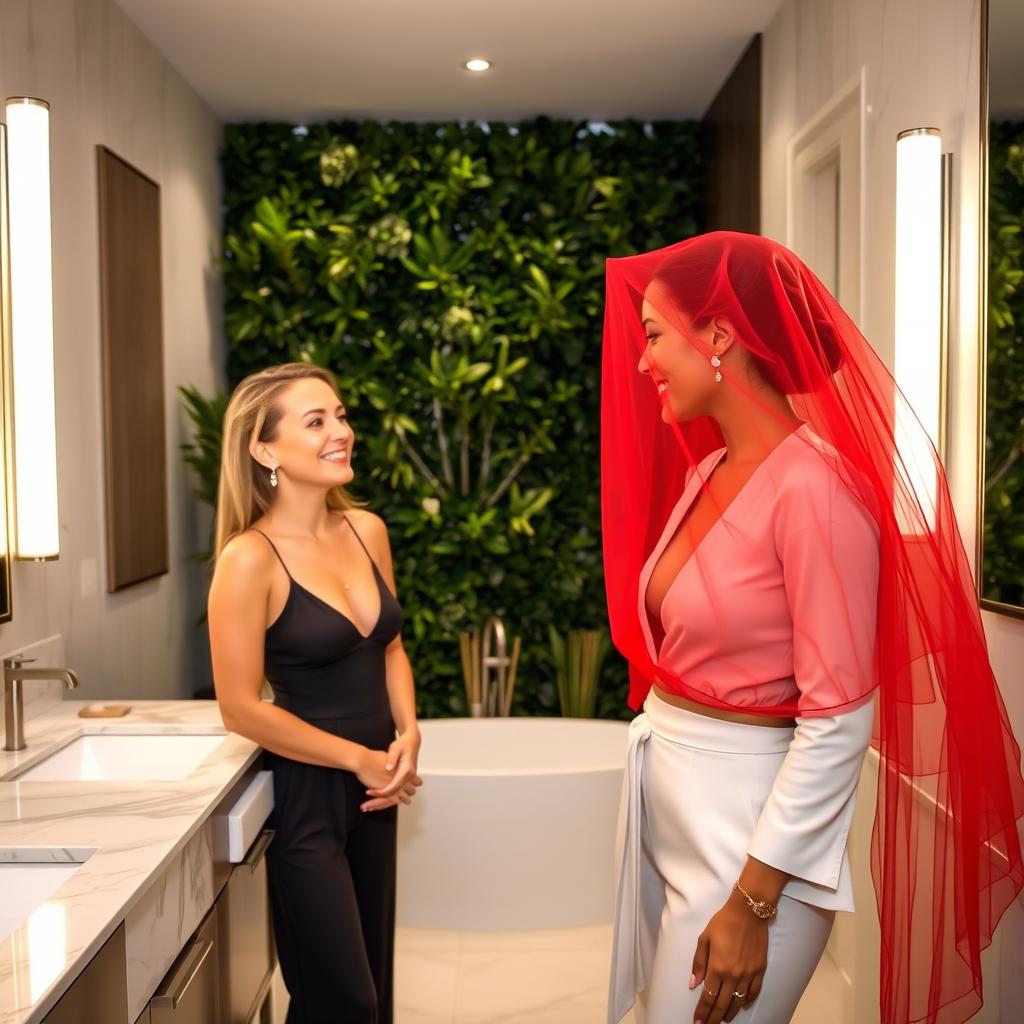 Two women in a stylish bathroom, one wearing a striking red veil that drapes elegantly over her shoulders