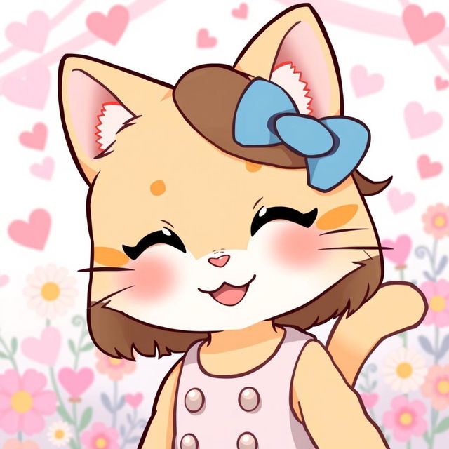 A cute anthropomorphic cat character inspired by Hello Kitty, featuring a tan fur coat and mid-length brown hair