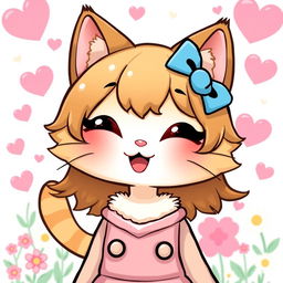 A cute anthropomorphic cat character inspired by Hello Kitty, featuring a tan fur coat and mid-length brown hair