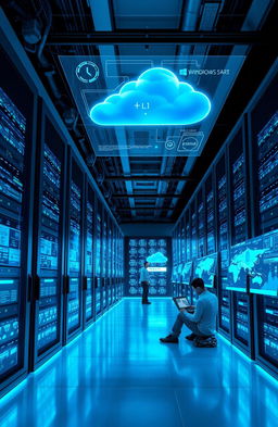 A futuristic image of a data center showcasing the features of Windows Server 2025