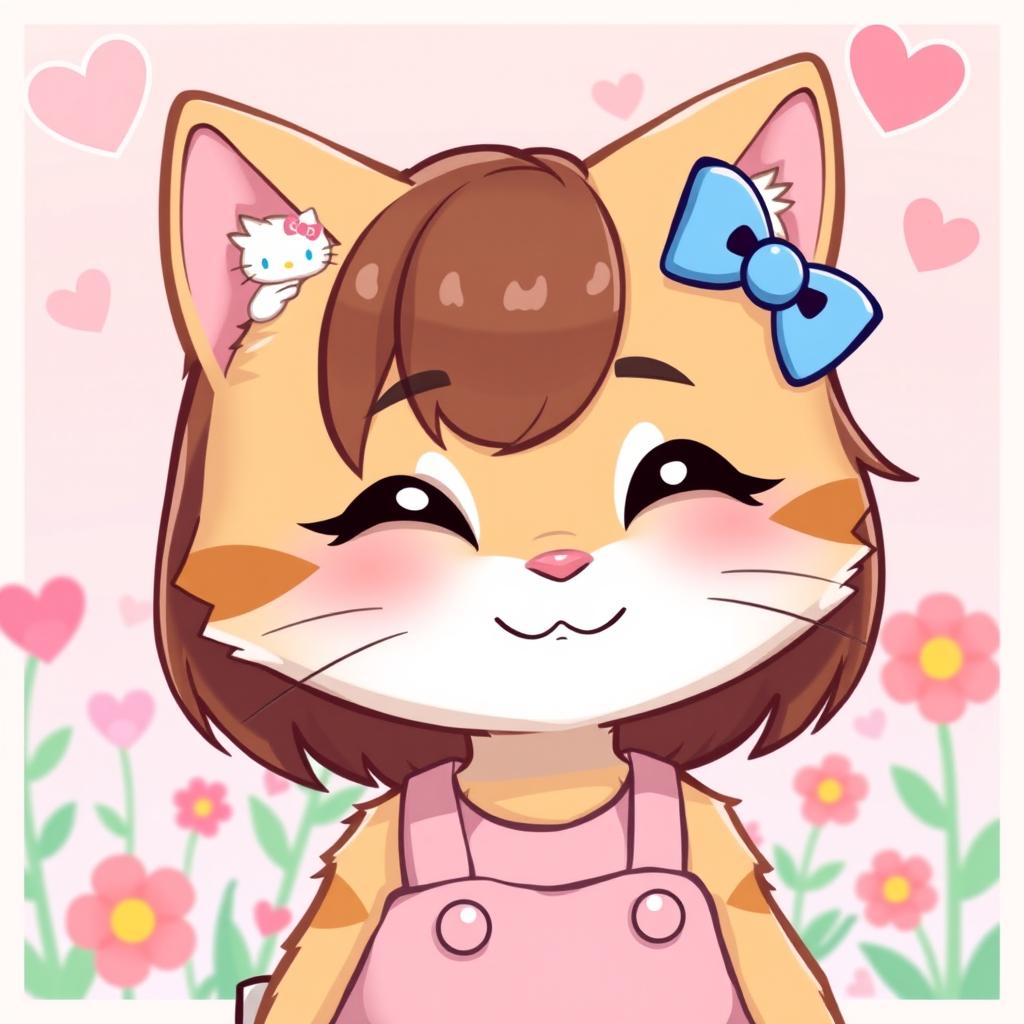 A cute anthropomorphic cat character inspired by Hello Kitty, featuring a tan fur coat and mid-length brown hair