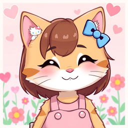 A cute anthropomorphic cat character inspired by Hello Kitty, featuring a tan fur coat and mid-length brown hair