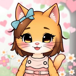 A cute anthropomorphic cat character inspired by Hello Kitty, featuring a tan fur coat and mid-length brown hair