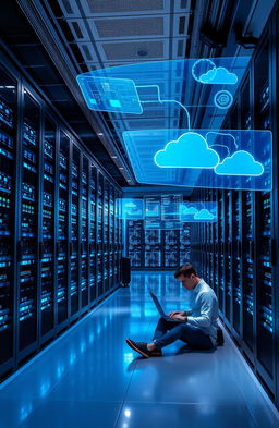 A futuristic image of a data center showcasing the features of Windows Server 2025