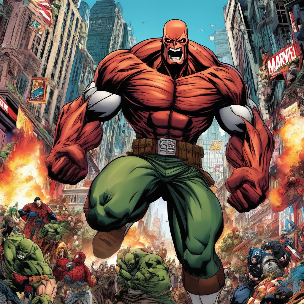 A giant Titan from Attack on Titan standing amidst a bustling Marvel comic book cityscape, with well-known Marvel characters reacting in surprise