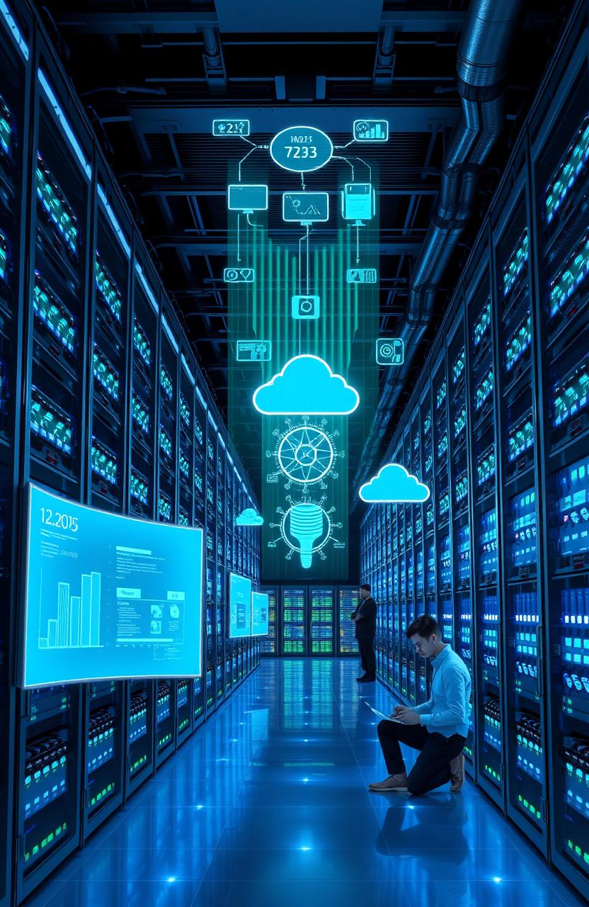 A futuristic image of a data center showcasing the features of Windows Server 2025