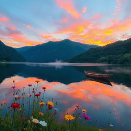 A serene landscape featuring a tranquil lake surrounded by lush green mountains, with a vibrant sunset casting hues of orange and pink across the sky