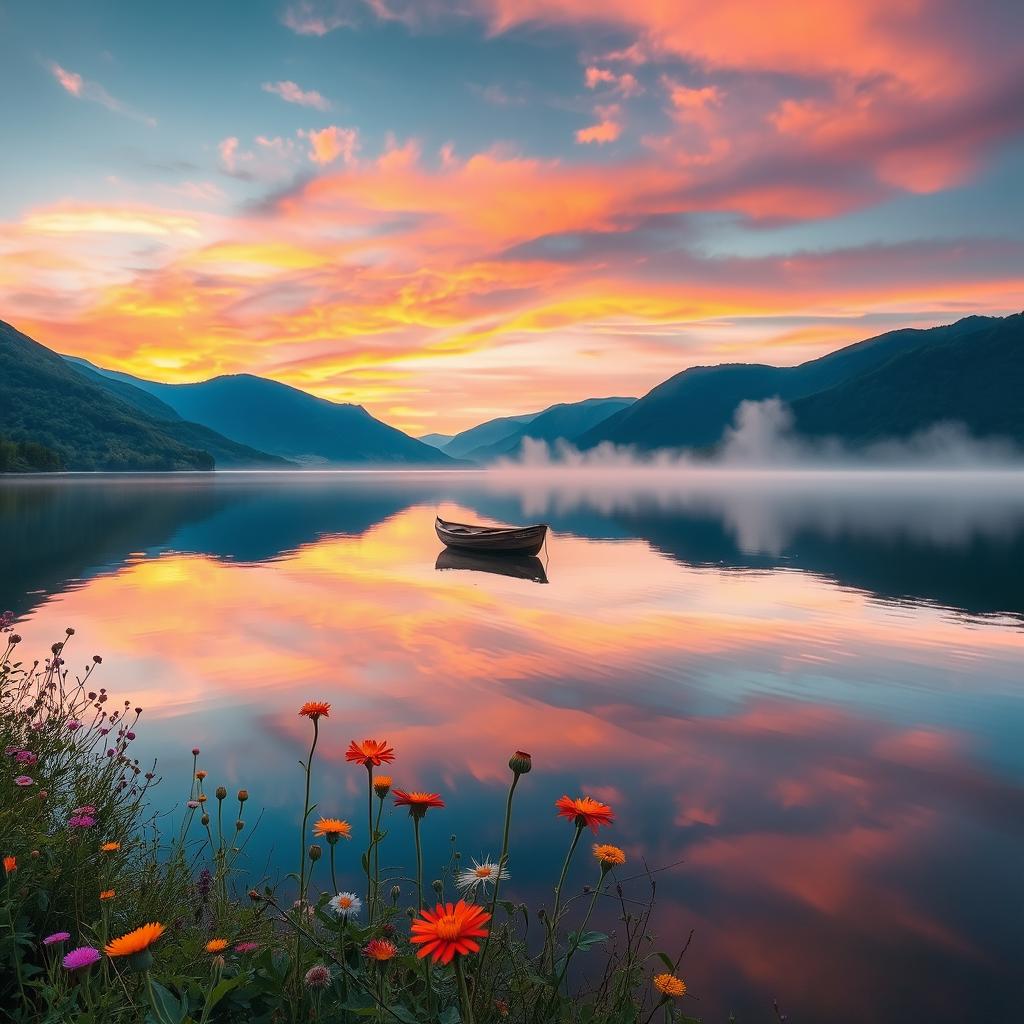 A serene landscape featuring a tranquil lake surrounded by lush green mountains, with a vibrant sunset casting hues of orange and pink across the sky