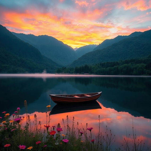 A serene landscape featuring a tranquil lake surrounded by lush green mountains, with a vibrant sunset casting hues of orange and pink across the sky