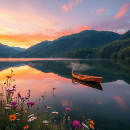 A serene landscape featuring a tranquil lake surrounded by lush green mountains, with a vibrant sunset casting hues of orange and pink across the sky
