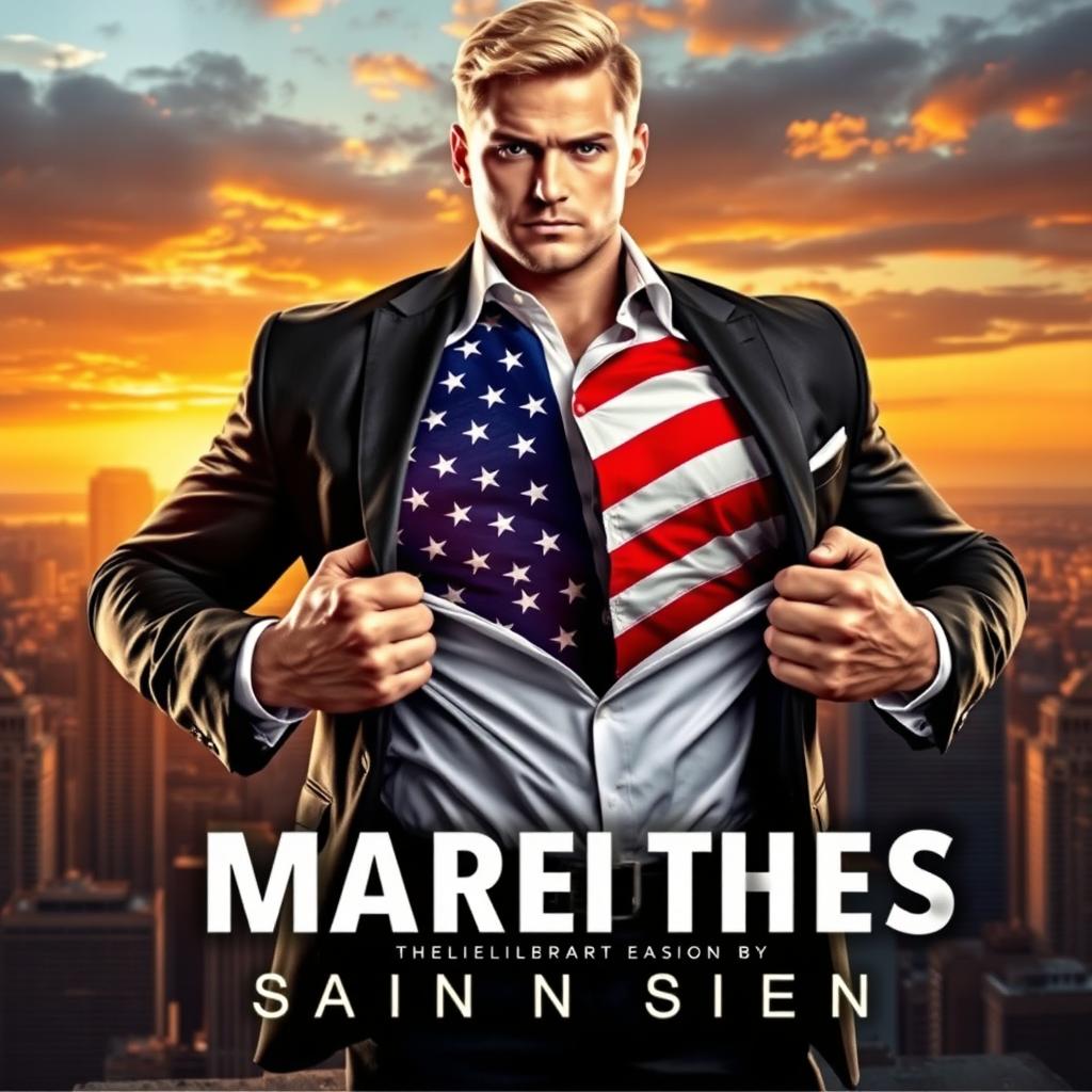 A striking book cover design featuring a muscular blond man in a tailored suit, confidently opening his shirt to reveal a vibrant American flag underneath