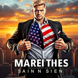 A striking book cover design featuring a muscular blond man in a tailored suit, confidently opening his shirt to reveal a vibrant American flag underneath