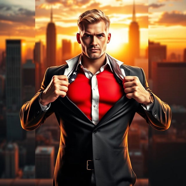 A striking book cover design featuring a muscular blond man in a tailored suit, confidently opening his shirt to reveal a vibrant American flag underneath