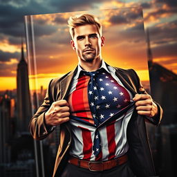 A striking book cover design featuring a muscular blond man in a tailored suit, confidently opening his shirt to reveal a vibrant American flag underneath