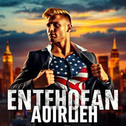 A striking book cover design featuring a muscular blond man in a tailored suit, confidently opening his shirt to reveal a vibrant American flag underneath