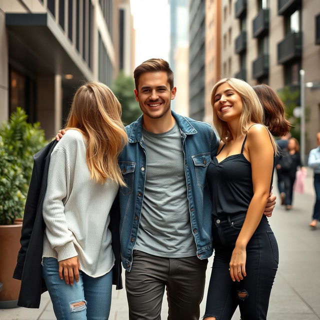 Two beautiful women and one handsome man standing together in an urban environment, dressed in stylish casual clothing