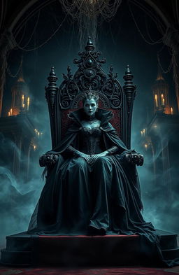 A dramatic scene depicting the Undead Queen sitting majestically on a gothic throne in a grand, eerie castle