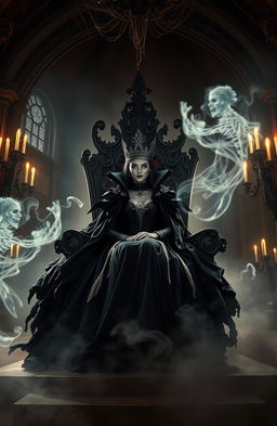 A dramatic scene depicting the Undead Queen sitting majestically on a gothic throne in a grand, eerie castle