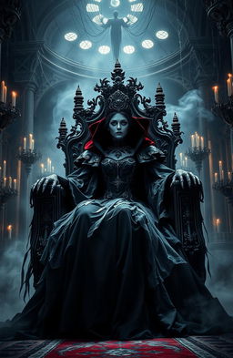 A dramatic scene depicting the Undead Queen sitting majestically on a gothic throne in a grand, eerie castle