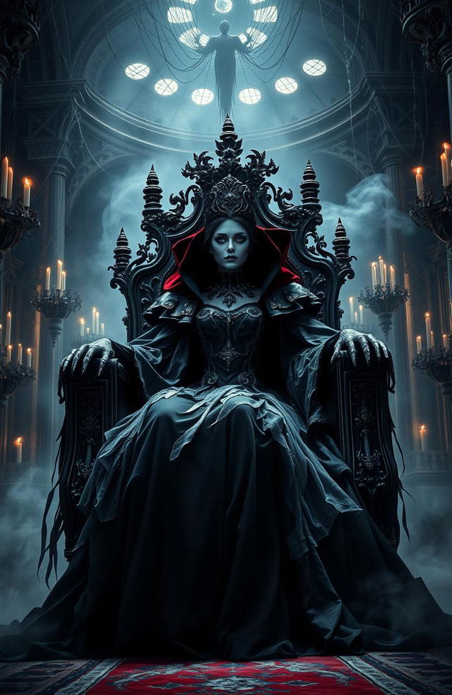 A dramatic scene depicting the Undead Queen sitting majestically on a gothic throne in a grand, eerie castle