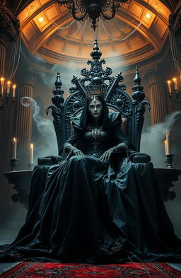 A dramatic scene depicting the Undead Queen sitting majestically on a gothic throne in a grand, eerie castle