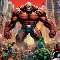 A giant Titan from Attack on Titan standing amidst a bustling Marvel comic book cityscape, with well-known Marvel characters reacting in surprise